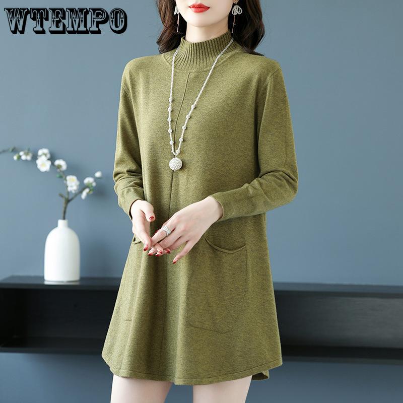 Large-sized Half Turtleneck Sweater Loose and Casual Mid-length Pullover for Women Solid-color A-line Knitted Dress
