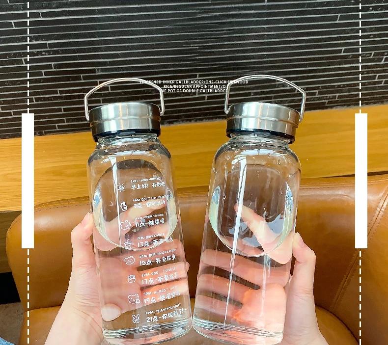 1000ml Glaswasserflasche Große Kapazität Mit Zeitmarkierung Deckel Für Wasser Trinken Outdoor Tragbar transparent Milchsaftbecher