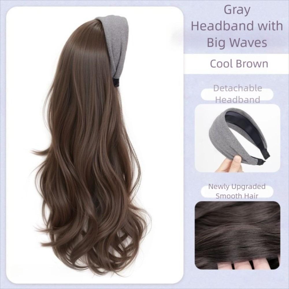 Hair Hoop Half Headband Wig Korean Style Long Wavy Curly  Hair Gray Wide Knit Headband Wig  Party