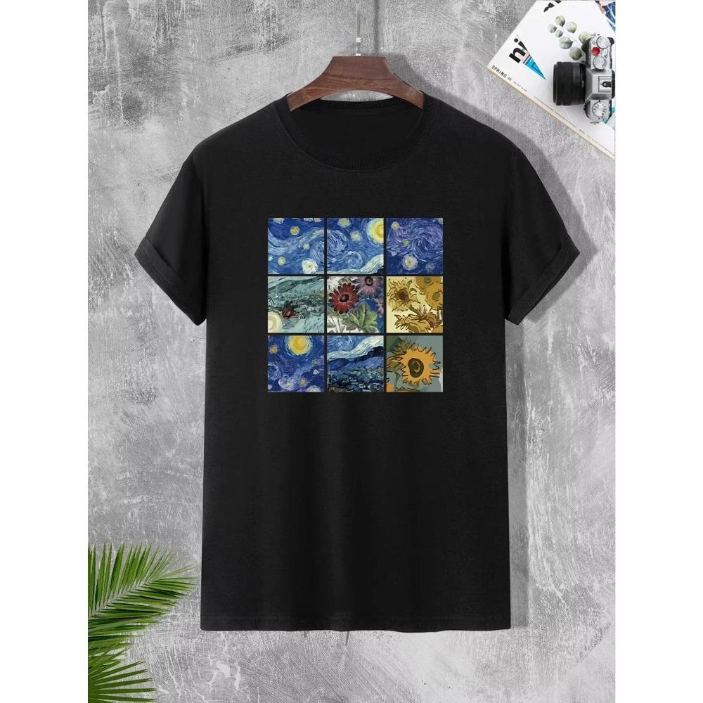 

Мужская футболка с принтом масляной живописи, повседневная однотонная футболка с круглым вырезом XXXXXL чёрный