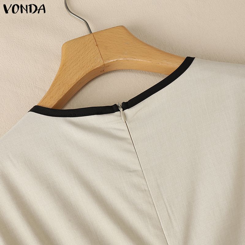 VONDA Women Summer Casual O-Neck Short Sleeve Stitching Dress Sundress