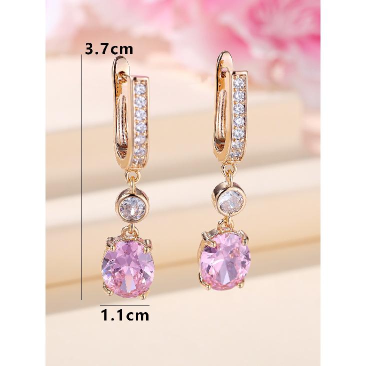 Pink Crystal Oval Stone Pendant White Zircon Hoop Earrings For Women Gold Color Ear Buckle Wedding Jewelry Engagement Party Gift