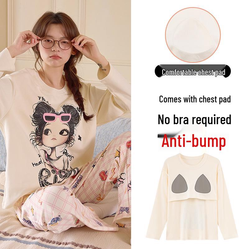 Piżama damska z długim rękawem i nadrukiem w kreskówkowe wzory, z wkładką na klatkę piersiową – uroczy komplet z okrągłym dekoltem do noszenia w domu lub na okrycia wierzchnie wiosną, jesienią i zimą