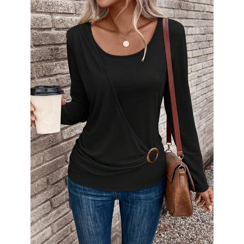 Women's Fashion Casual Spring Fall Solid Color Print Long Sleeve O-Neck Pullovers & Long Sleeves