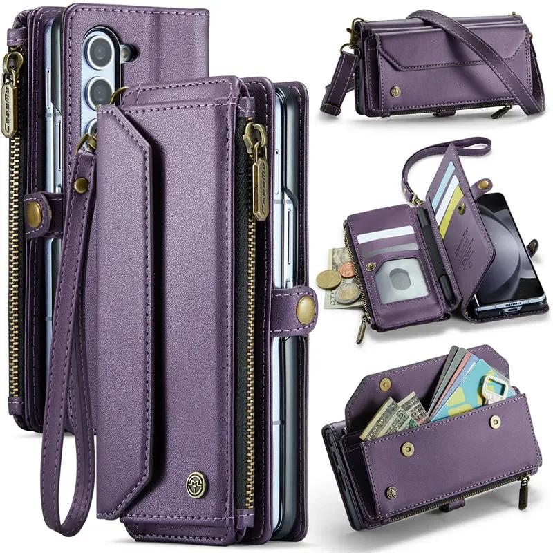 CaseMe Flip Leather Phone Case for Samsung Galaxy Z Fold 7 5G 6 5 4 3 S26 Ultra S25 Edge S24 FE S23 S22 S21 S20 Plus Note 20 Zipper Wallet Card Cover