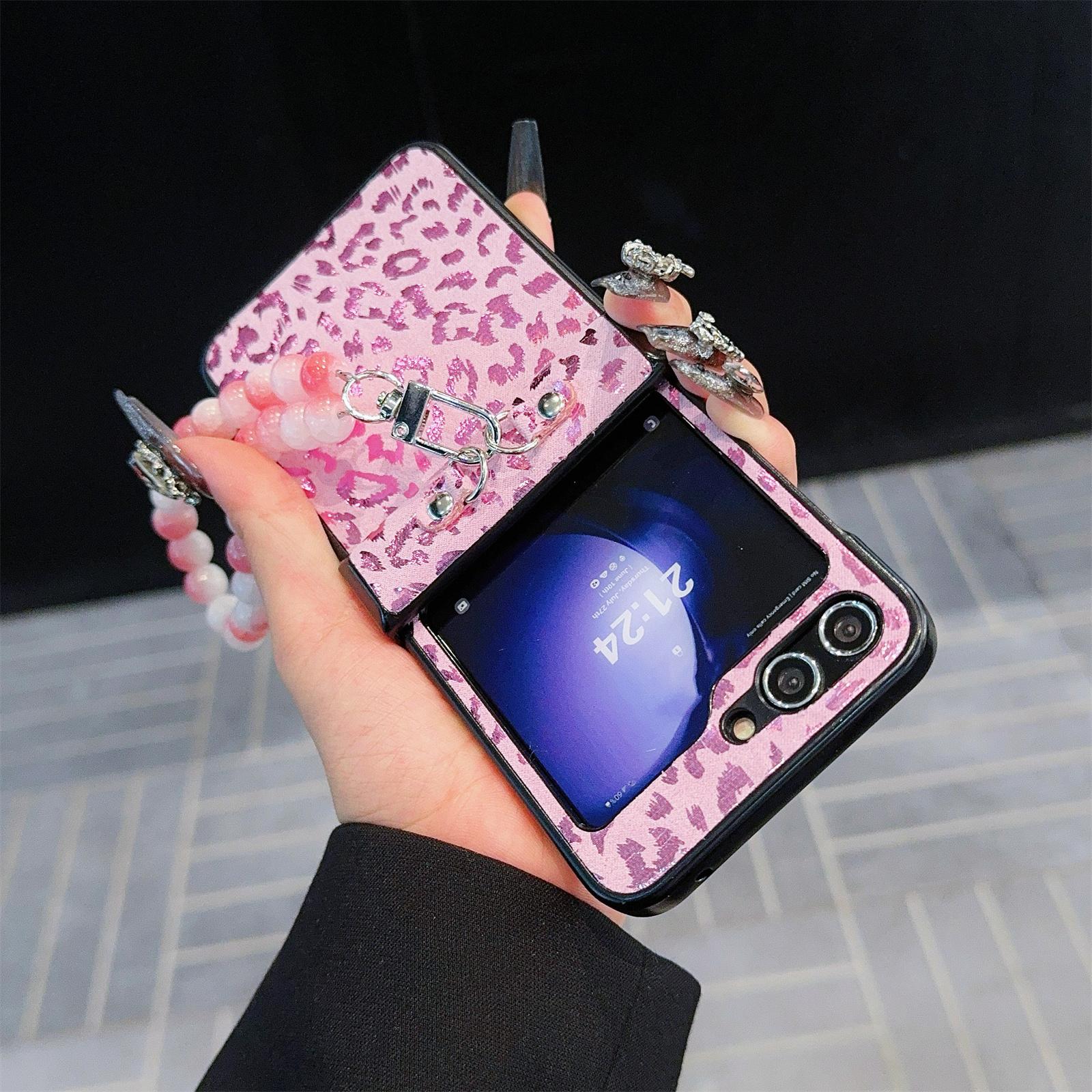 

For Samsung Galaxy Z Flip6 5G Case Leopard Print Leather+PC Phone Cover with Beaded Strap Pink