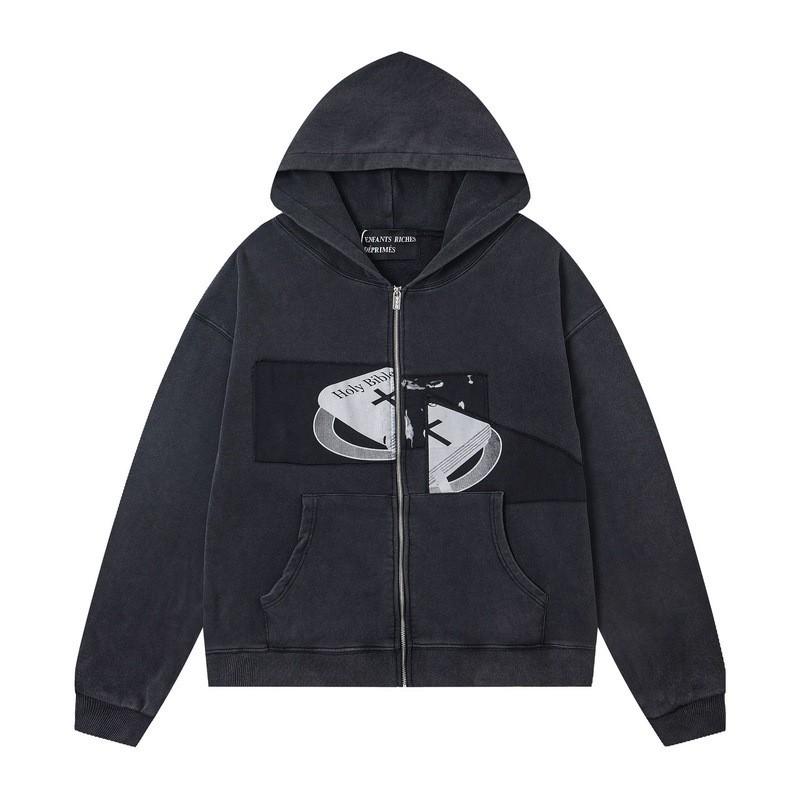 Mens Oversized Streetwear Hoodie With Distressed Zipper Graphic Print Cotton Long Sleeve Pullover Casual Wear