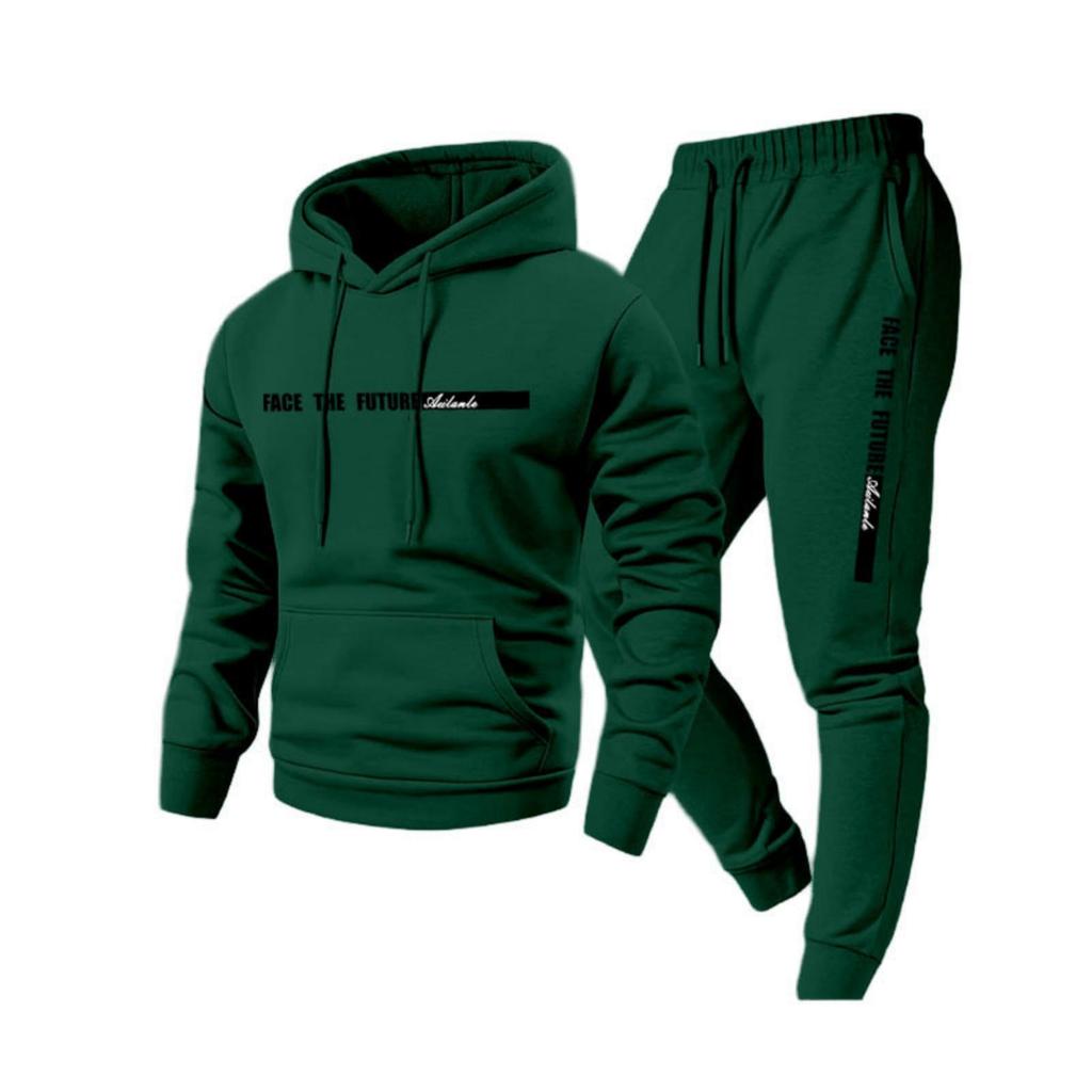 Men's Casual Solid Color Letter-printed Sweatshirt Set, Men's Fleece Hooded Drawstring Sweatshirt And Sweatpants Two-piece Set