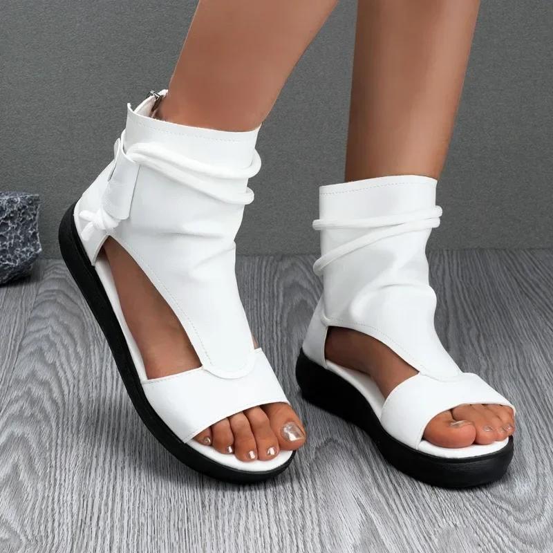 Mode Sommer Mode Damen Sandalen Neu Retro Weiches PU Leder Damen Coole Stiefel Fischmaul Sandalen Keilabsätze Mittelhohe Absätze Schuh Sandalias
