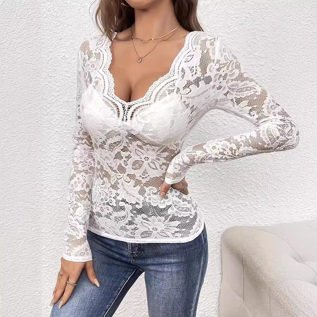 V Neck Fan Trim Single Layer Lace Long Sleeve T Shirt Slim Flattering Women Fashion Daily Basic Office Lady Casual Slim Fit Ladies Elegant Top