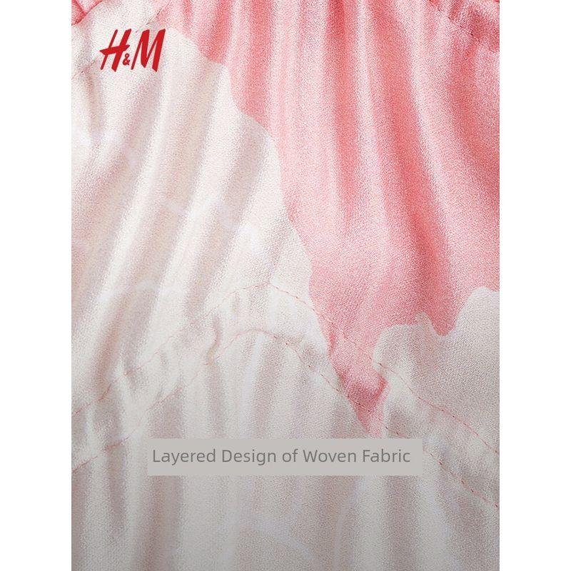 

HM Women s Clothing Dress Summer Elegant Drawstring Flared Skirt Mid-Length Plant Print Sling Dress 1233862 Light pink/Florals 155/80(XS)