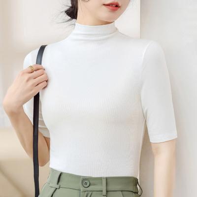 Summer Tops Turtleneck Solid Color Half Sleeve Slim Fit Smooth Summer Wear Women Stretch Layer Comfy High Neck Top Daily Wear