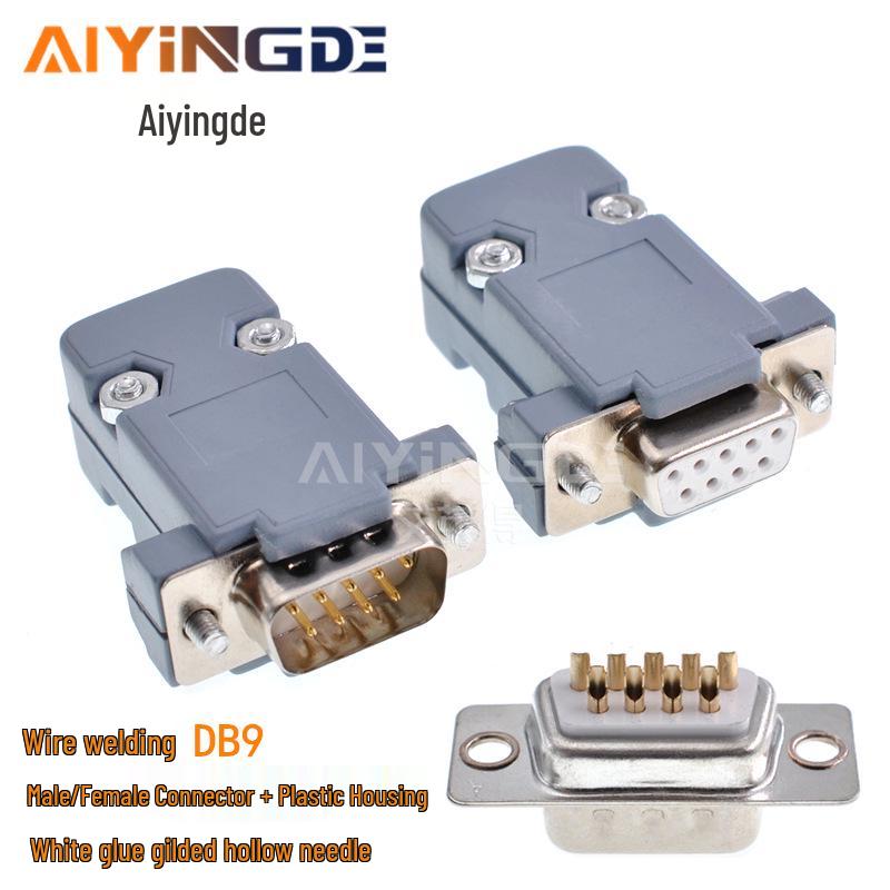 DB9 Male/Female Connector, Solder Type, D-SUB RS232 COM, Gold Plated, White Glue, Hollow Pin, Plastic Shell
