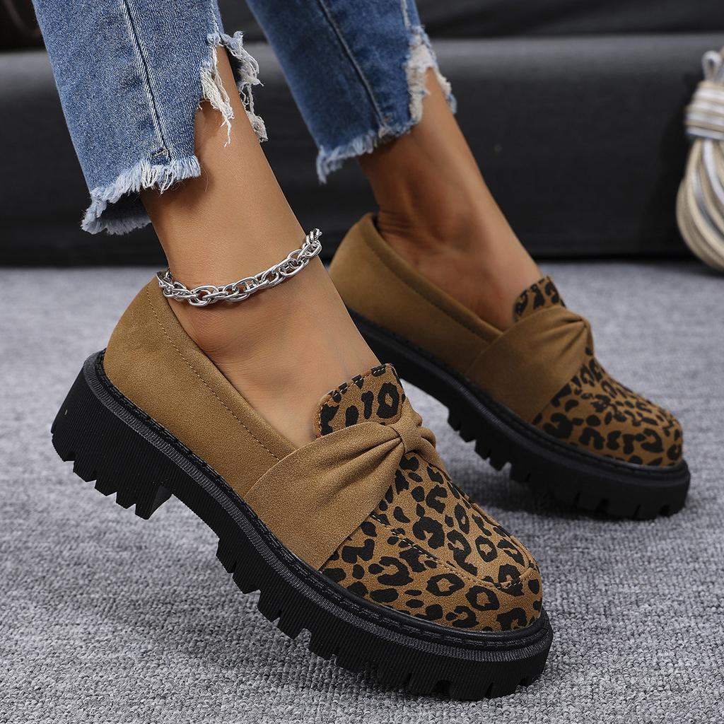 Leopard Print Single Shoes Women'S Autumn Retro Versatile Deep Mouth Lace-Up Thick Sole Large Size Loafers Women