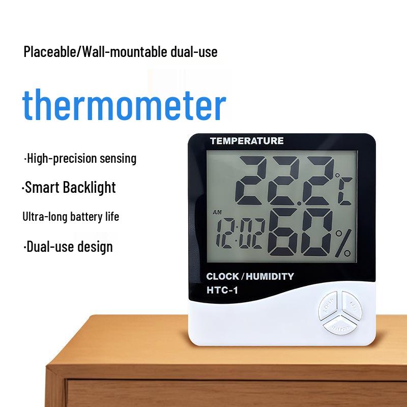 HTC-1 Indoor Thermohygrometer: High Precision Large Screen Thermometer & Alarm Clock for Home or Office