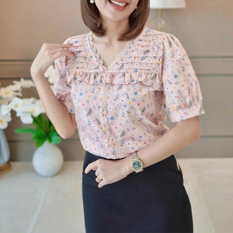 ZANZEA Bluză de vară casual cu gât în V și mâneci scurte cu imprimeu floral pentru femei