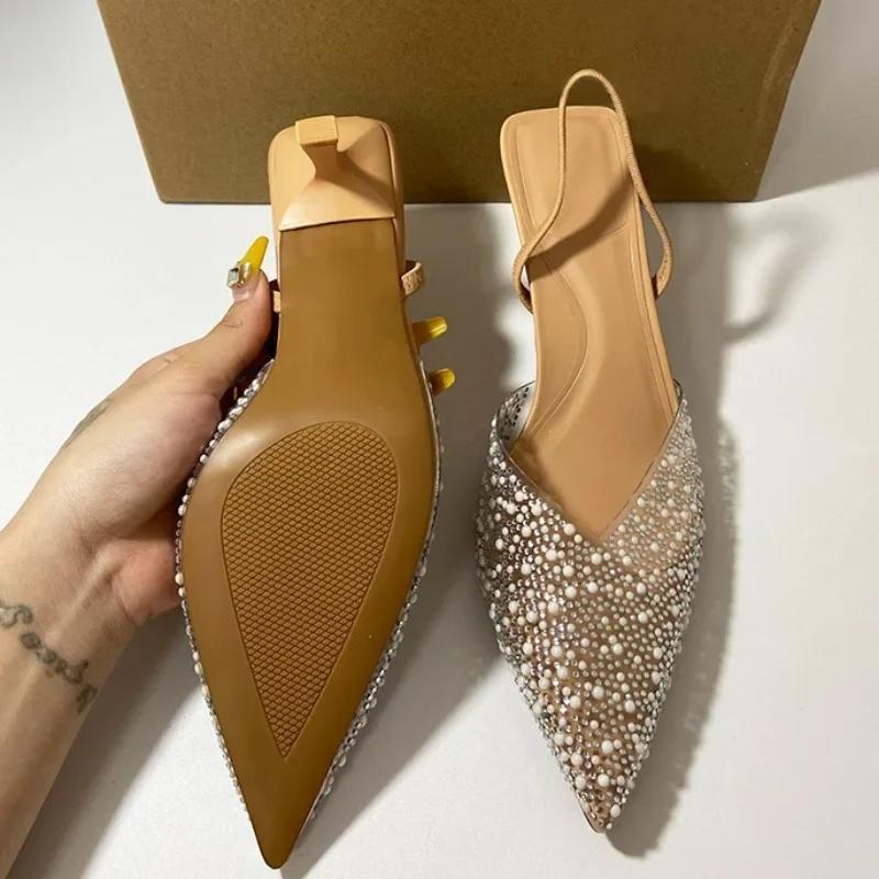 Sandali Estivi Donna Tacco Alto Soleist Punta Aperta Trasparente Sandalo Slingback Elegante Moda Donna Decorazione Perle