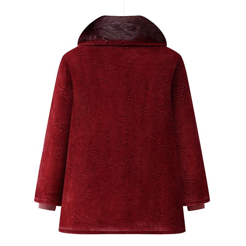 Winter Velvet-Lined Cotton Jacket with Fur Collar for Middle-Aged and Elderly Women – Embroidered Pockets