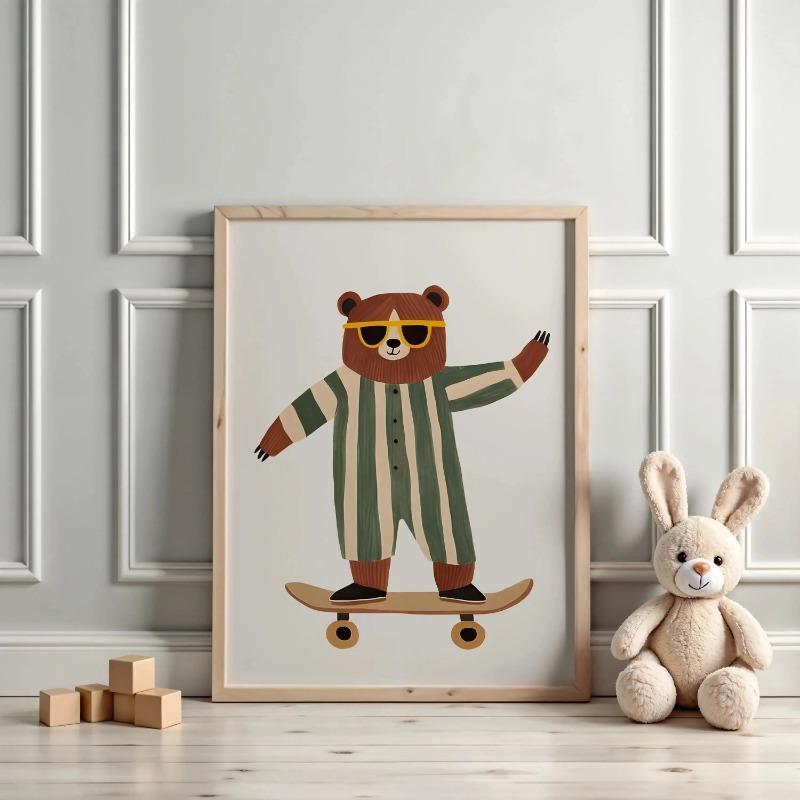 Skateboard auf Cartoon Bär und Löwe Abstrakt Leinwanddruck Kinderzimmer Wandkunst Poster Für Modernes Wohnzimmer Heimdekor