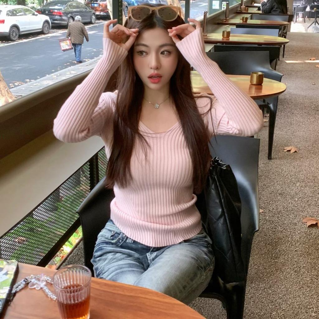 Women Fake Two Piece V Neck Ribbed Knit Top Long Sleeve Slim Pure Sweet Pullover Sweater