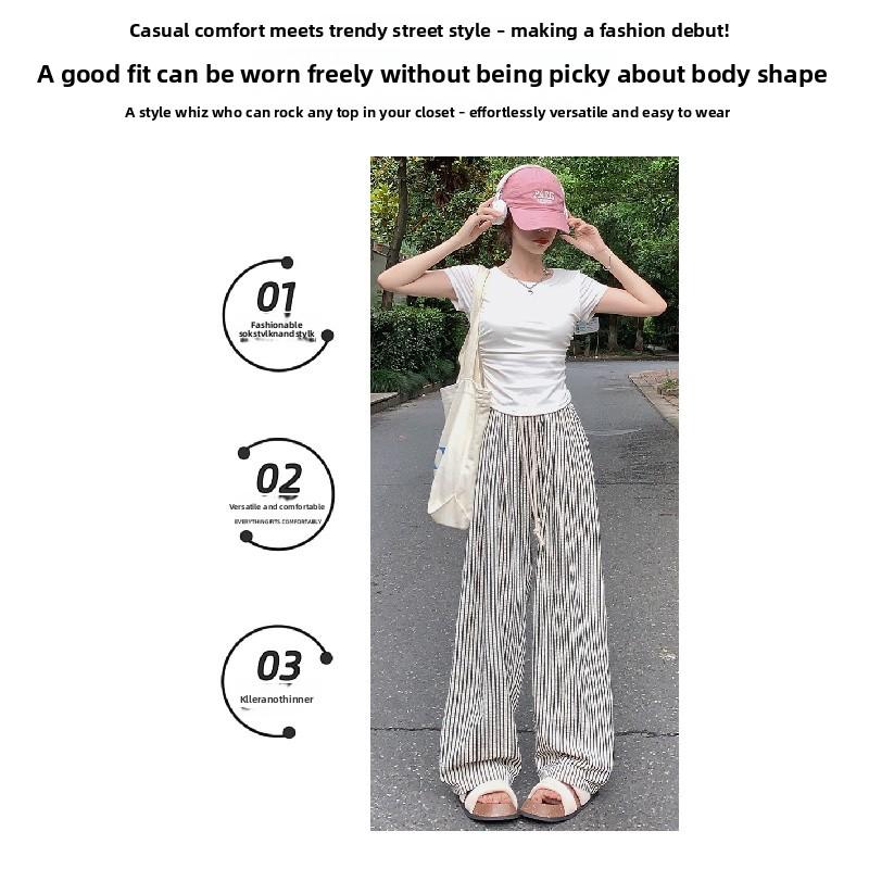 Striped Wide-leg Pants for Women, Summer Korean Style New Casual Pants, Casual and Slimming, Elastic Waist, Loose and Draping, Floor-length