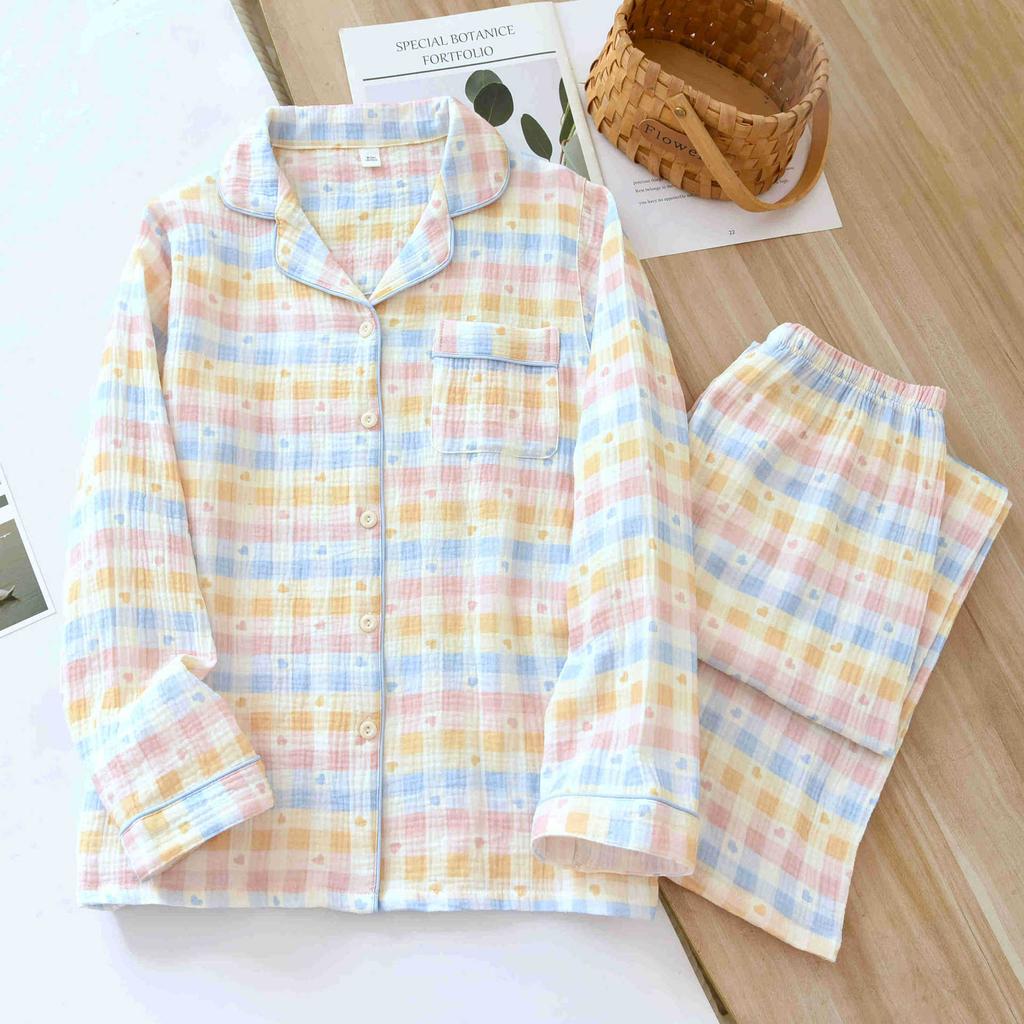 2025 Spring/Summer New Women's Pajama Set 100% Cotton Crepe Collar Love Plaid Long Sleeve Long Pants Home Clothing Set Ladies