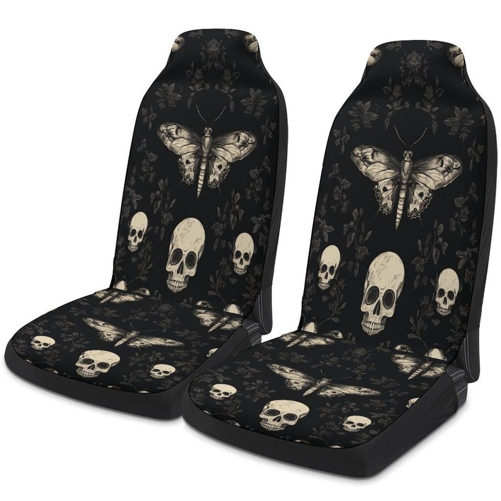Gothic Moth And Skull Pattern Designed Car Seat Cover Set For Most Cars, Fashion Comfortable Car Seat Protector Covers Full Set