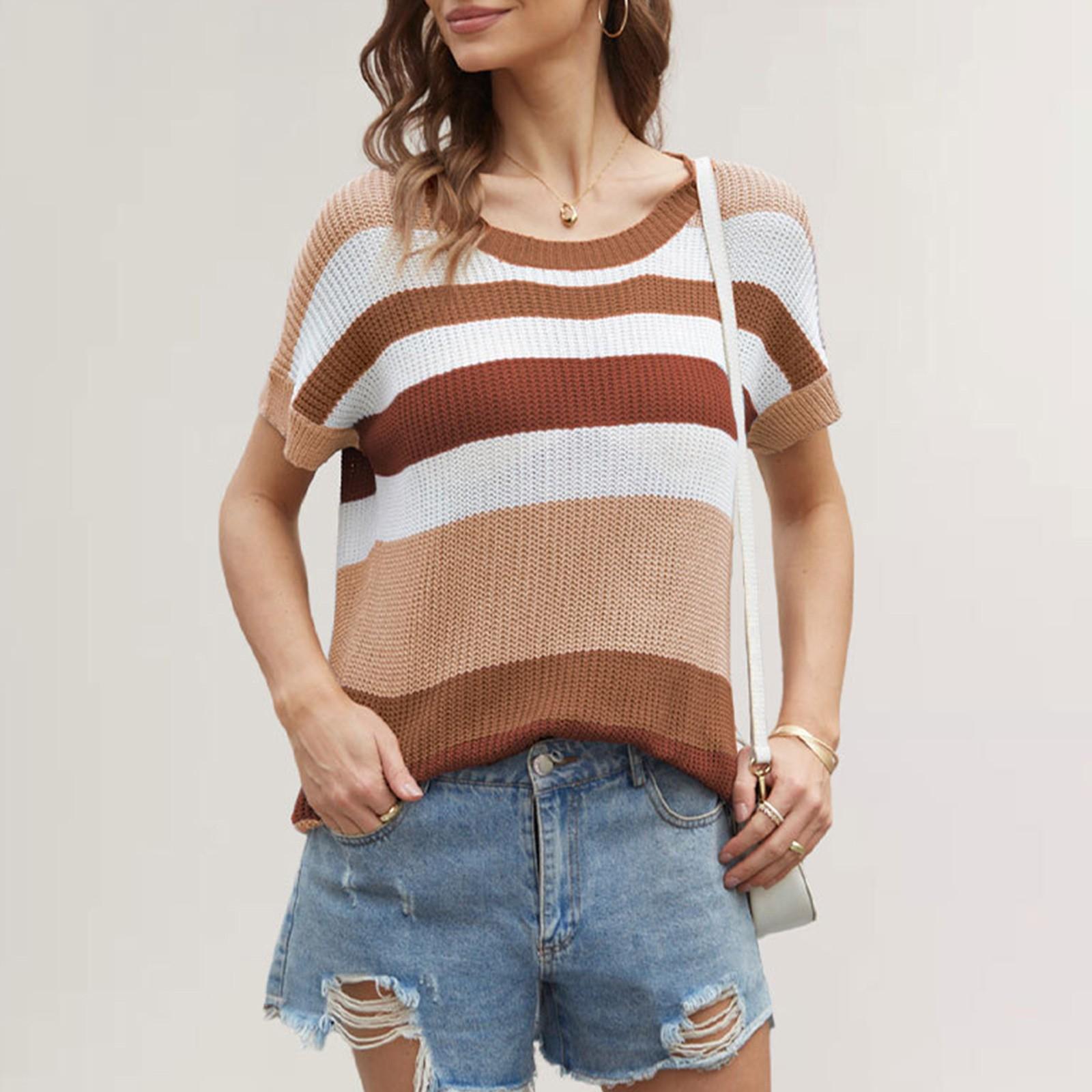 

Женский свитер в радужную полоску с короткими рукавами, свободные топы большого размера XL киноварь