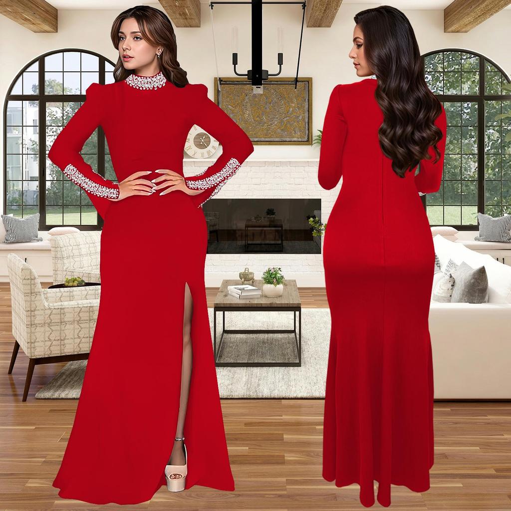 C7271 Women's Fashion Solid Color Long Sleeve Slit Dress with Hot Drilling