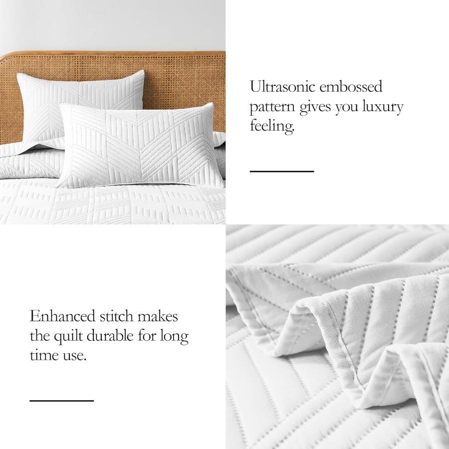 White Ultrasonic Full Queen Quilt Set Reversible Microfiber Bedspread Lightweight Soft Modern Geometric Coverlet Set for All Se