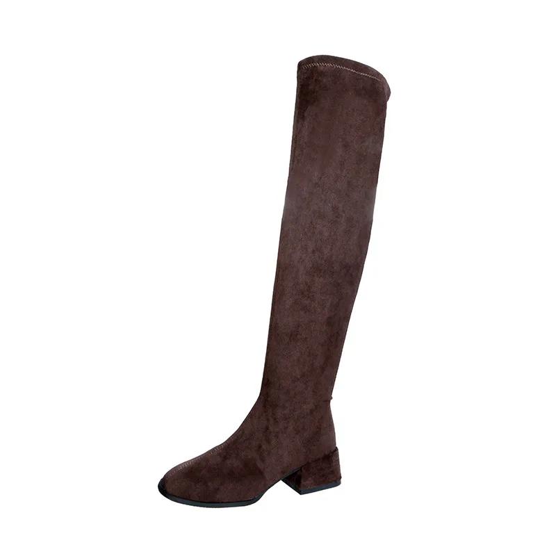 Fashion Long boots for women Spring and autumn thick heel high boots elastic over the knee long boots mid heel khaki