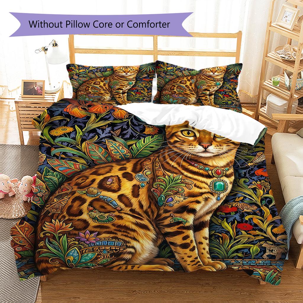 Flower Cat Crow Pattern Bedding,Quilt Set Quilt Cover Pillowcase Home Birthday Gift (1 * Duvet Cover + 2 * Pillowcase, Without Core)