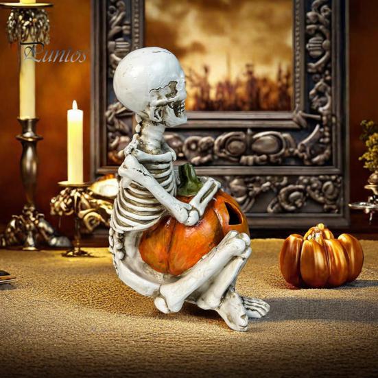 

Halloween Skeleton Holding Pumpkin Figurine Spooky Light-up Sitting Skeleton Resin Statue Sculpture Home Office Desktop Decoration Festival Party A