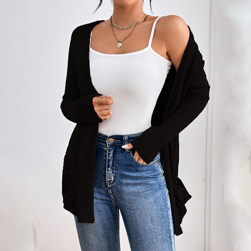 European and American Solid Long-Sleeve Mid-Length Knitted Cardigan with Pockets - Autumn/Winter Sweater
