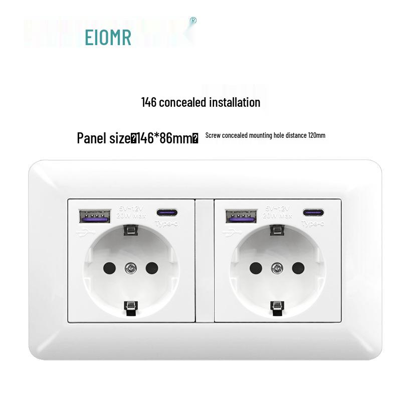 Curved White European Standard Socket Panel with Double USB & Type C, German Switch, Concealed Installation