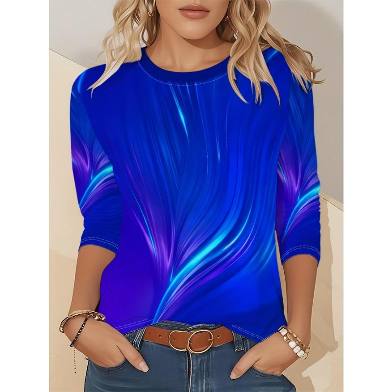 Ladies' Gradient Pink Blue Printed Long Sleeve T-shirt - Gradual Splicing Round Neck Casual Top