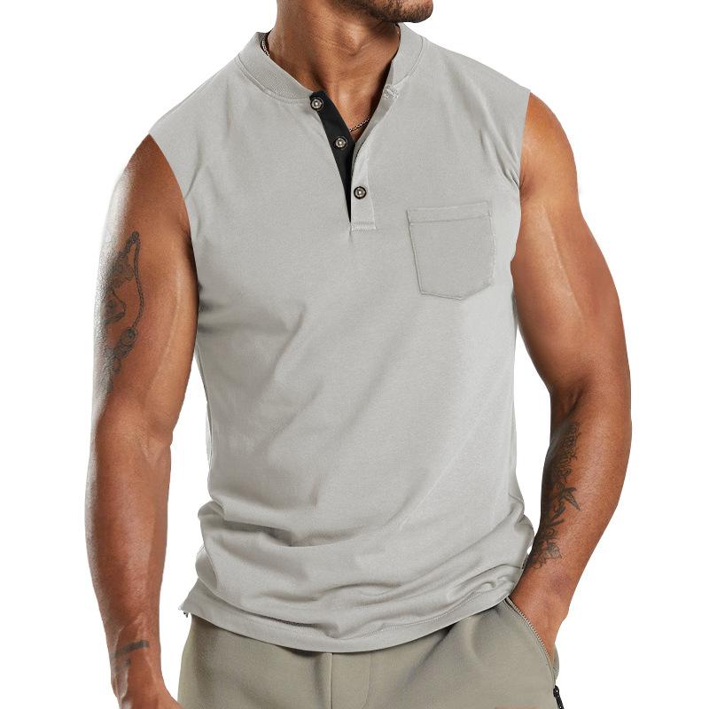 Men's Sleeveless Men's V-neck Button Sport Breathable Wide Shoulder Man T-shirt