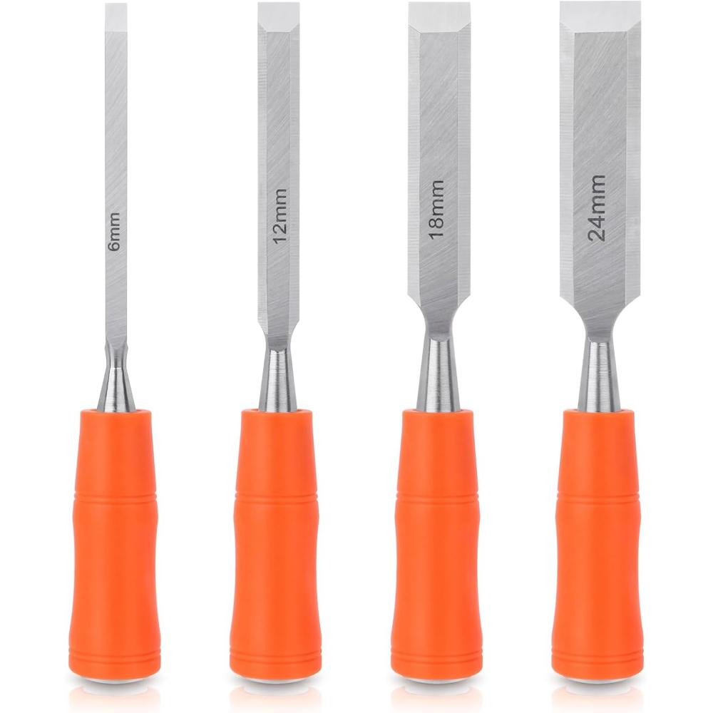 4 Piece Wood Chisel Set with Steel Hammer End Ergonomic Plastic Handle 6mm 12mm 18mm 24mm Woodworking Tools