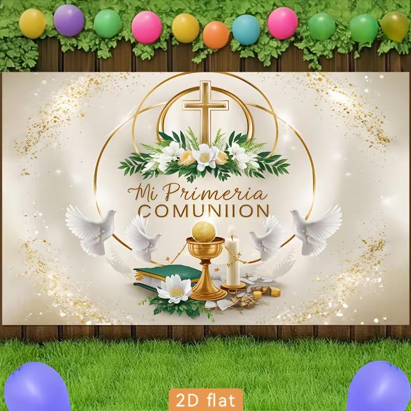 2D Mi Primera Comunion Celebration Background, Chalice & Dove Decor