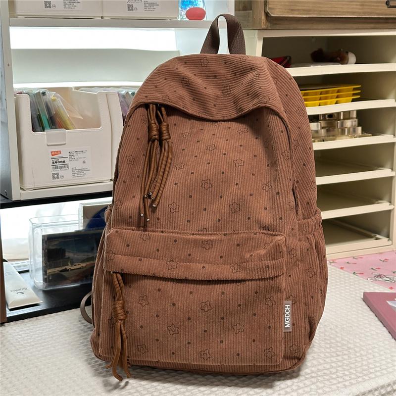Cute Star Print Corduroy Backpack Large Capacity Casual School Bag for Students
