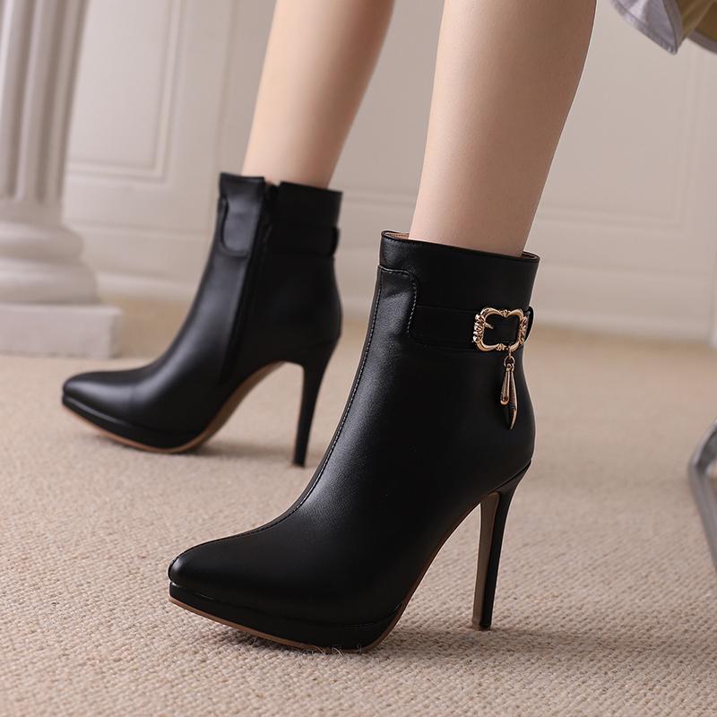 Dame Ankelstøvletter Stiletthæler Vinter Hælede Sko Konsise Lær Spiss Tå Dame Støvler Mujer US Størrelse 4.5-15