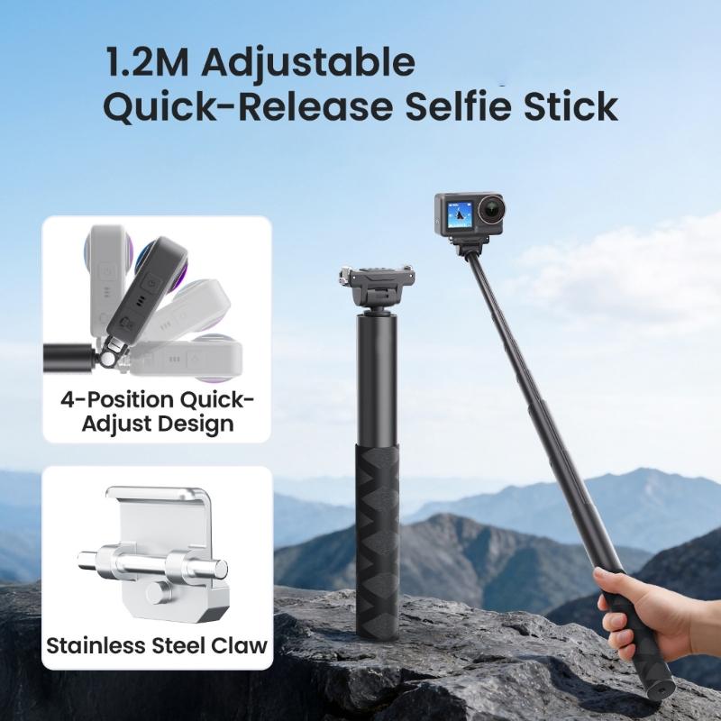 Extendable 120cm Camera Extension Stick With Fast Magnetic Mount Works With Most Action Cameras Black