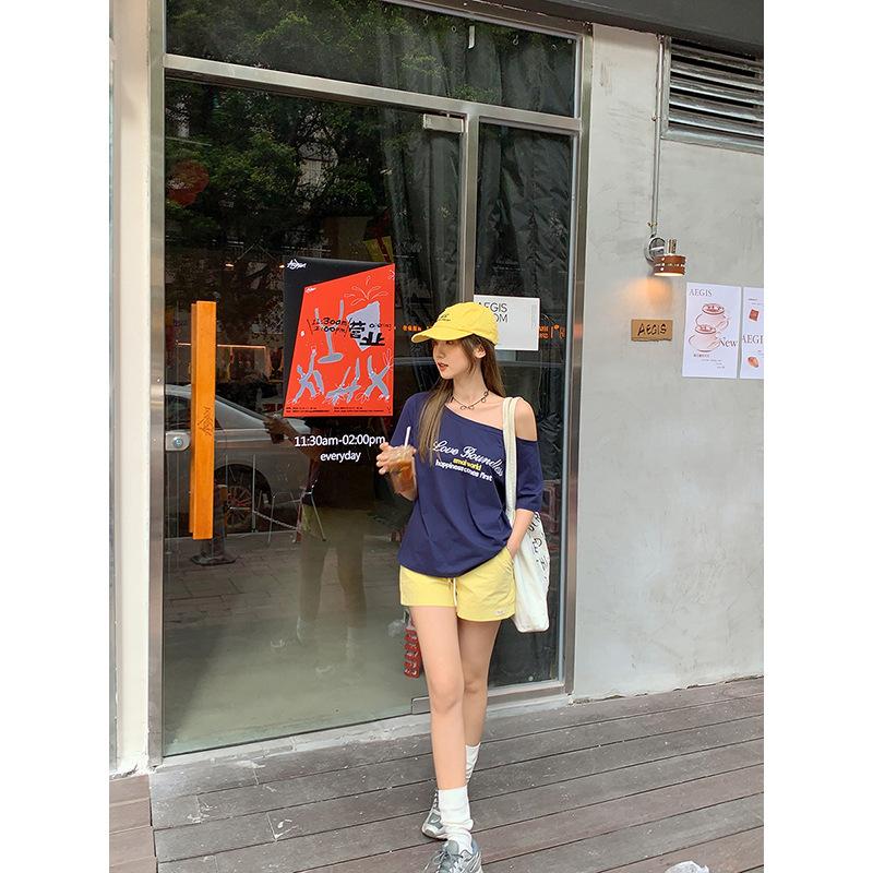 Blue Diagonal Off-shoulder Beautiful Short-sleeved T-shirt Women's Summer New Lazy Style Loose One-word Shoulder Top