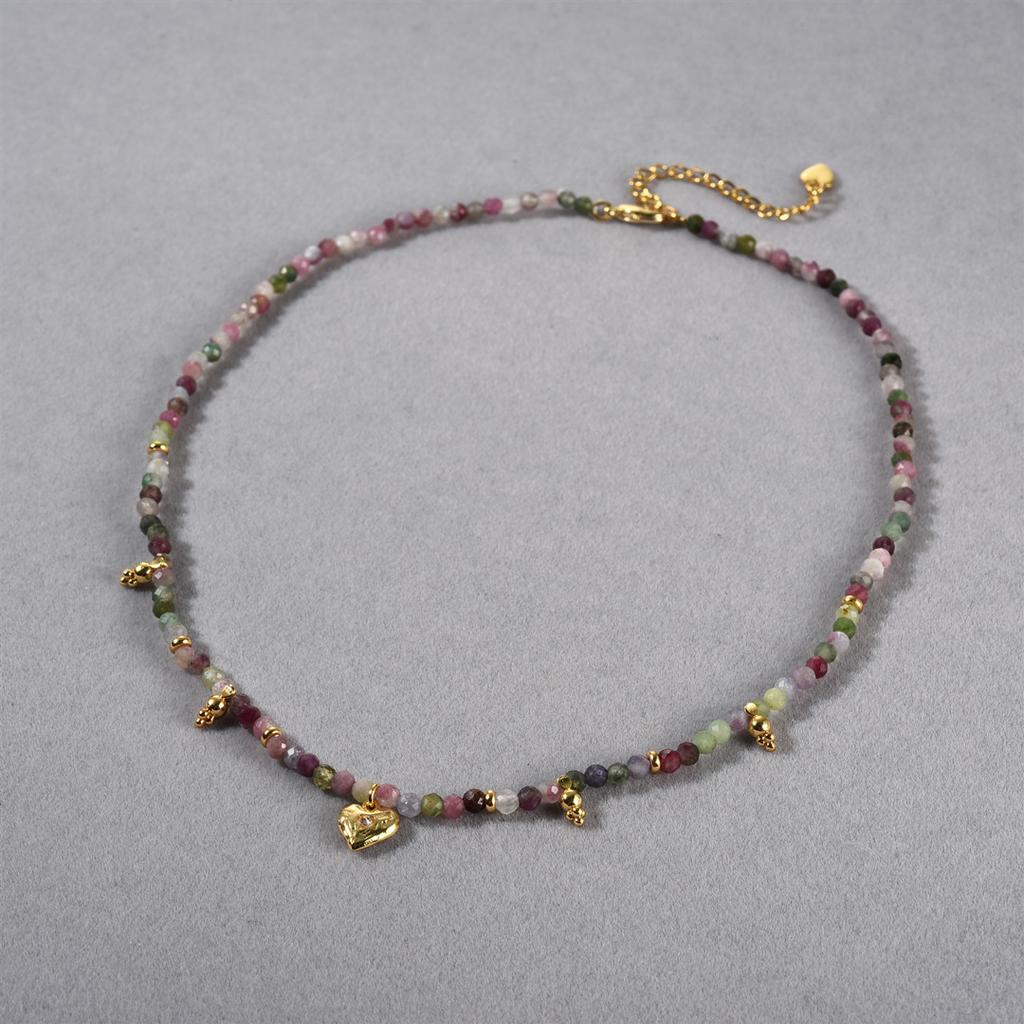 Love Natural Stone Tourmaline Color Pendant Women'S Beaded Necklace Neck Chain Clavicle Chain Premium Sense Simple Versatile Gift