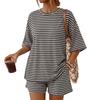 Women Casual Loose Fit Striped Short Sleeve T Shirt with Pocket and Matching Shorts Set Lightweight Comfortable Lounge Wear
