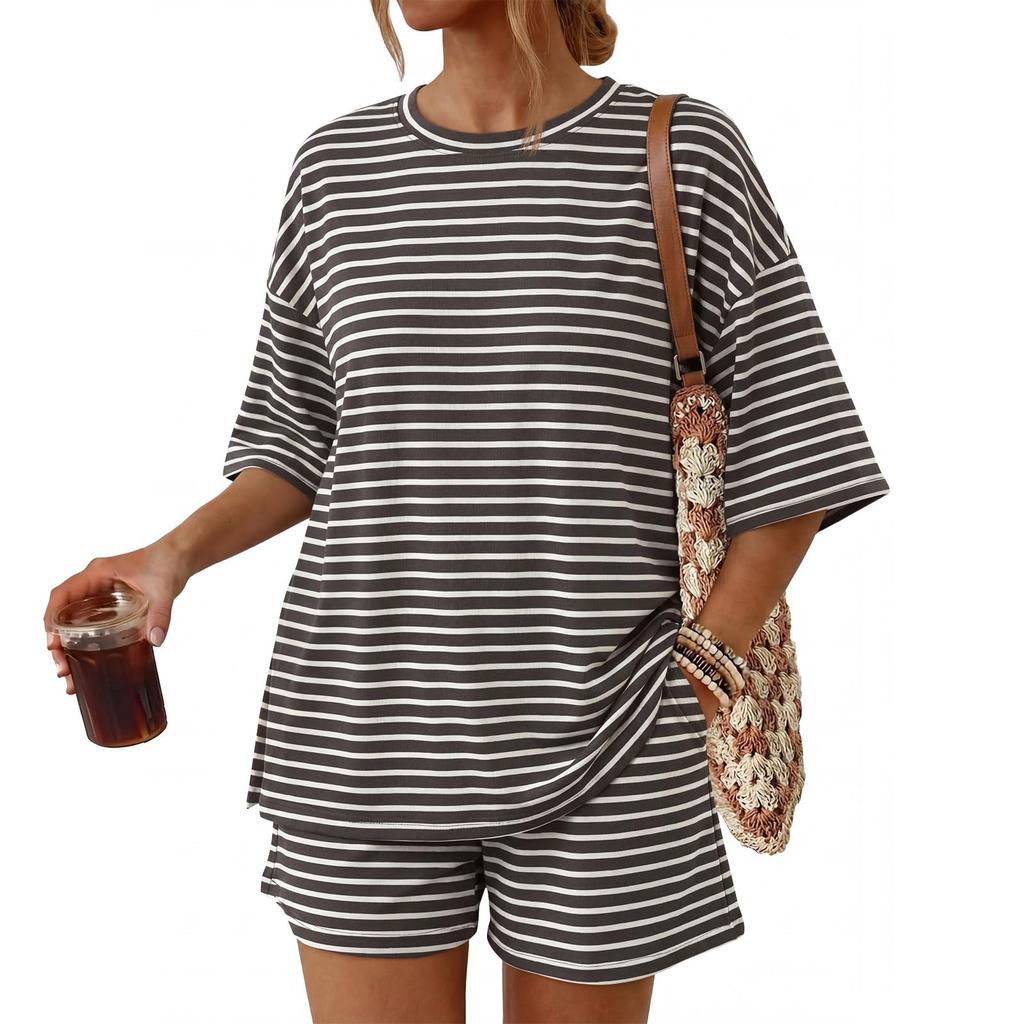 Women Casual Loose Fit Striped Short Sleeve T Shirt with Pocket and Matching Shorts Set Lightweight Comfortable Lounge Wear