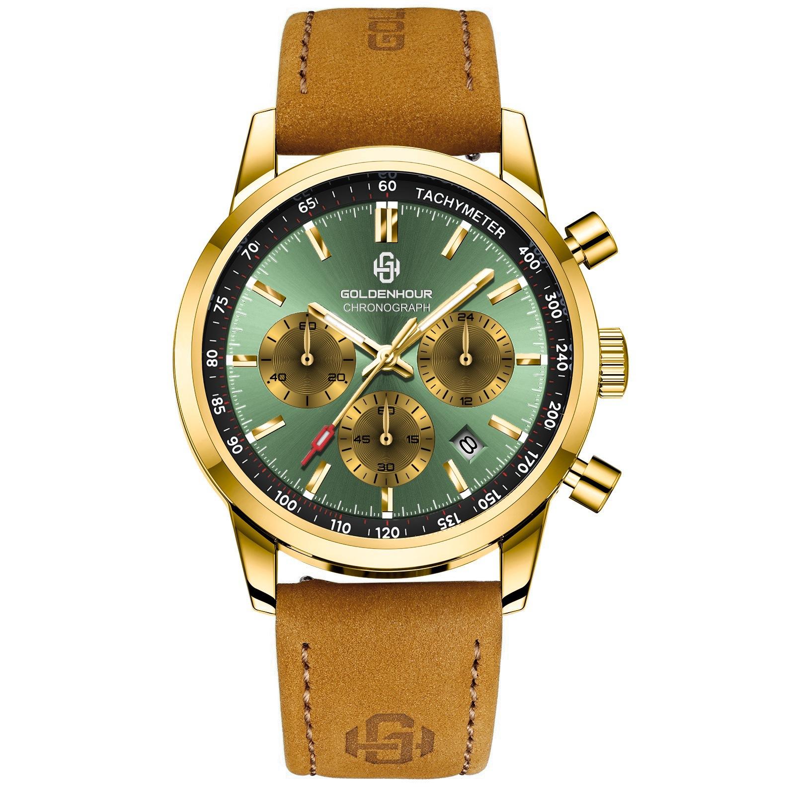 

Luxury Men s Quartz Watches For Man Waterproof Luminous Chronograph Date Stainless Steel Wristwatch Male brown band зелёный/золотой