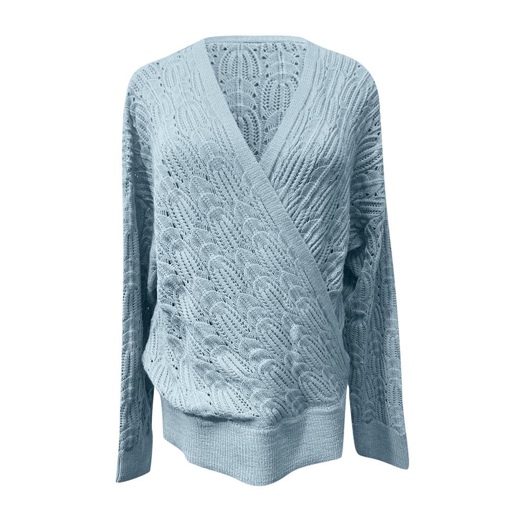 Women’s Deep V-neck Wrap Sweater Long-sleeved Crochet Pullover