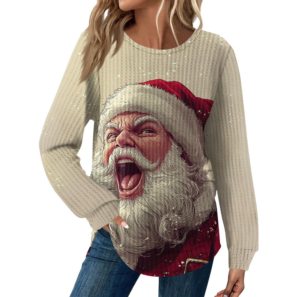 Dámská móda Ležérní Volný Top s kulatým výstřihem a dlouhým rukávem s vánočním potiskem