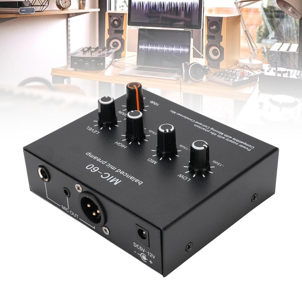 Microphone Home Audio Power Amplifier with 3 60dB Gain and 48V Phantom Small Stereo Audio Preamp for Dynamic and Condenser Microphones Sound